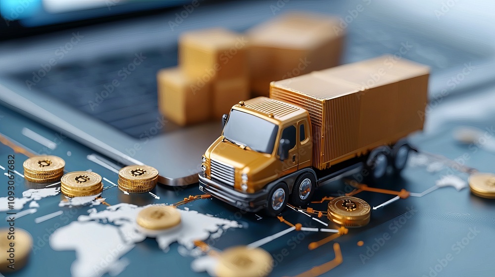 Poster logistics operations global supply chain digital finance business environment close-up view visualiz