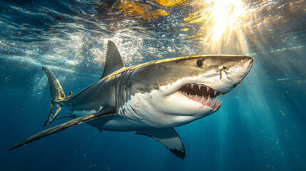 Naklejka premium Giant great white shark underwater in the deep sea