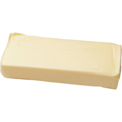 A rectangular block of smooth, pale yellow butter, often used in cooking and baking, resting on a white surface.