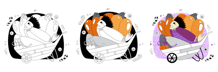 Vector illustration on the theme of Halloween in flat and doodle style. People celebrating Halloween. Witch with a broom and pumpkins.