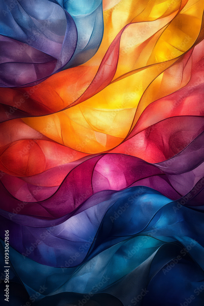 Poster flowing and intertwining rainbow-colored curved ribbons, forming a vibrant and dynamic abstract patt