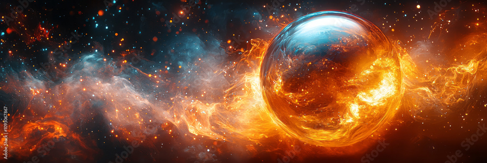 Poster a dynamic layered sphere with overlapping patterns in fiery colors, creating depth and movement thro