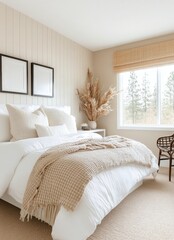 Cozy modern bedroom featuring neutral decor and natural elements