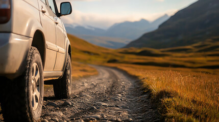 Off road vehicle on gravel path in scenic mountain landscape