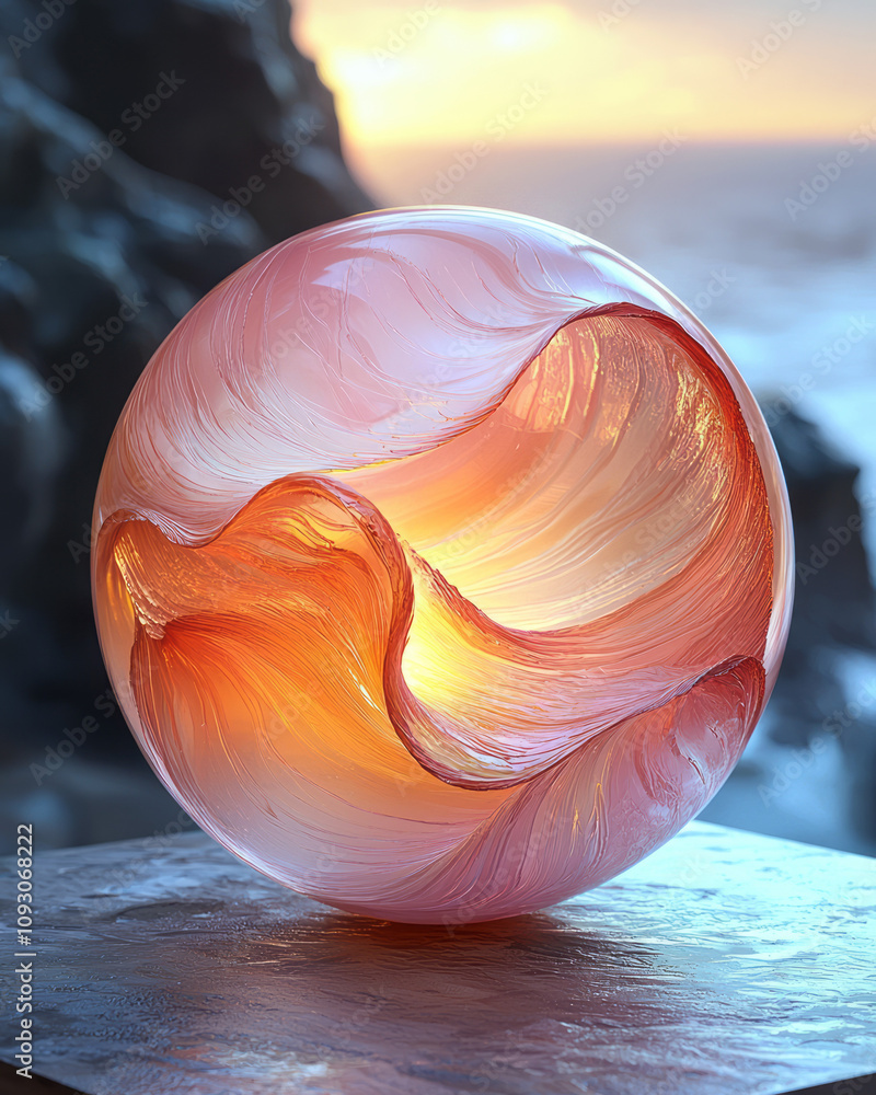 Poster a mesmerizing layered sphere in warm tones of peach, coral, and sienna, featuring swirling patterns 