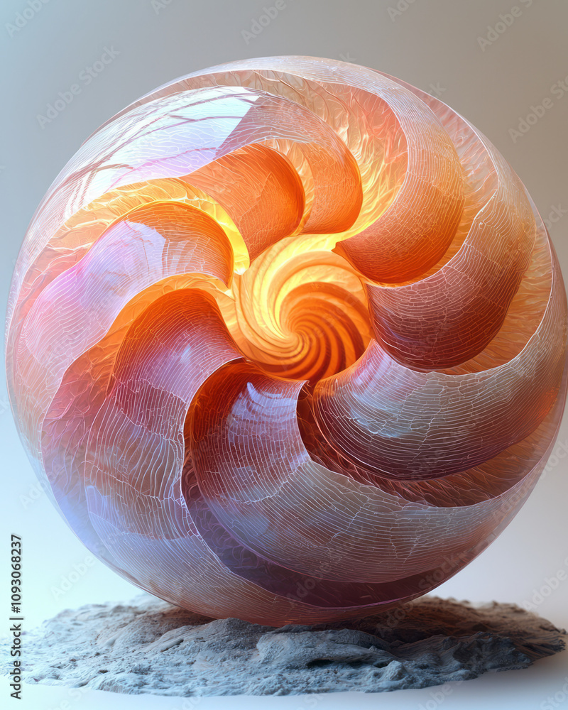 Poster a mesmerizing layered sphere in warm tones of peach, coral, and sienna, featuring swirling patterns 