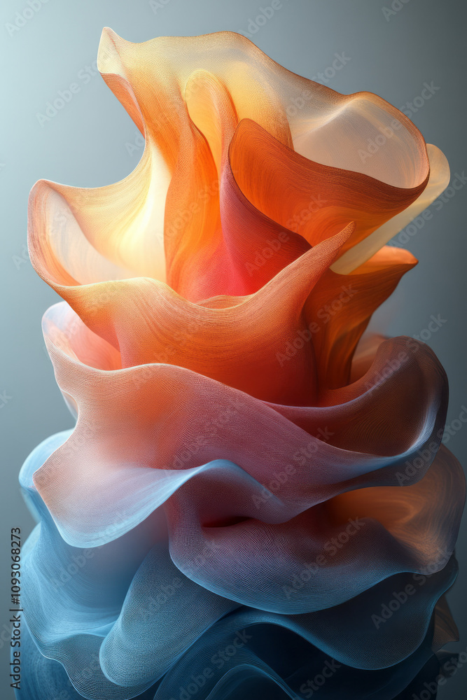 Poster a serene abstract sphere with soft, overlapping layers in warm pastel hues, creating a tranquil and 