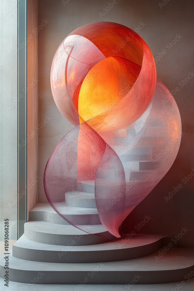 Poster a serene abstract sphere with soft, overlapping layers in warm pastel hues, creating a tranquil and 