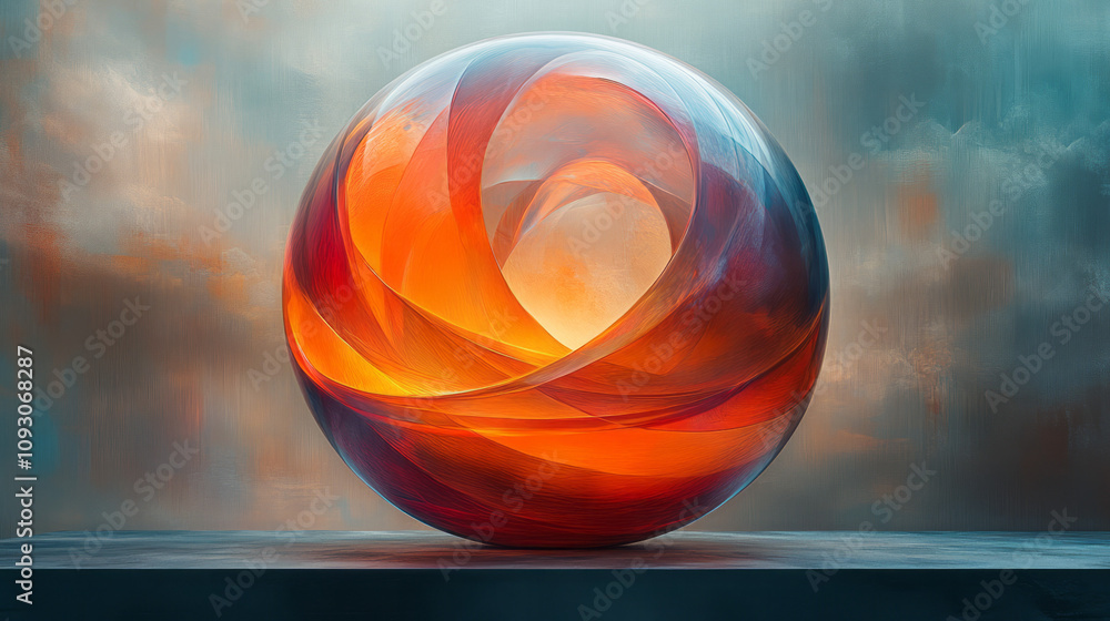 Poster an artistic layered sphere in rich warm colors, with each layer exhibiting unique patterns and gradi