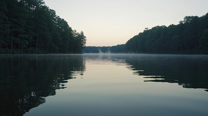 Serene lake at dawn with mist rising from water and trees