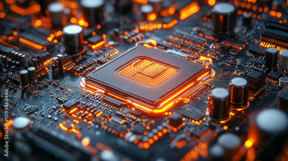 Poster close-up of an illuminated computer processor on a glowing motherboard, emphasizing technology and i