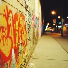 Fototapeta premium Night street scene with graffiti-covered brick wall.