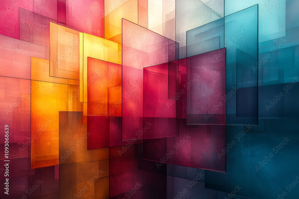 Poster a vibrant abstract composition featuring translucent colorful blocks in various geometric shapes, ar