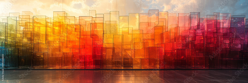 Poster an artistic display of transparent glass blocks in rainbow hues, stacked and scattered in an abstrac