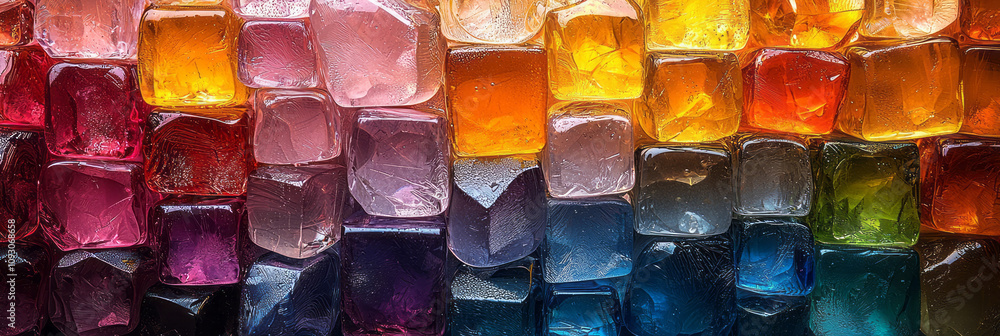 Poster an artistic display of transparent glass blocks in rainbow hues, stacked and scattered in an abstrac