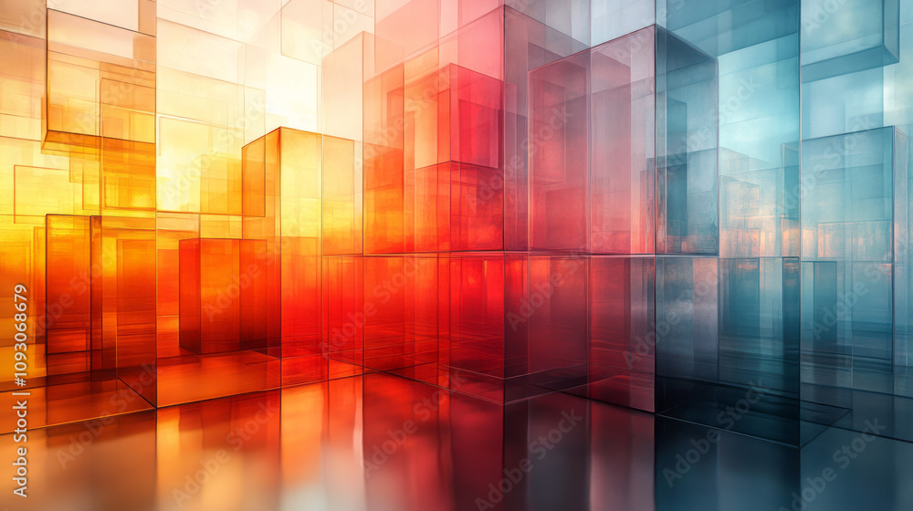 Poster a modern abstract artwork showcasing colorful transparent cubes interwoven with flowing lines, illum