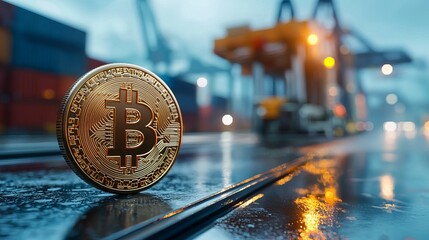 Blockchain-powered cyberpunk logistics dock featuring bitcoin urban industrial setting cryptocurrency environment futuristic viewpoint technological concept