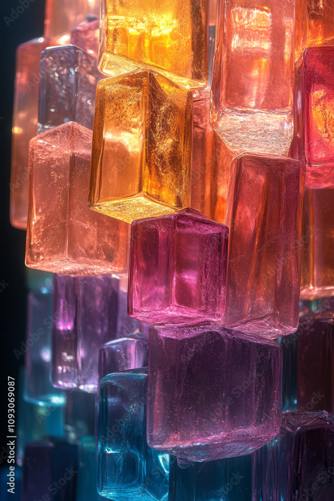 Poster an abstract display of colorful transparent blocks floating against a dark background, with sharp co