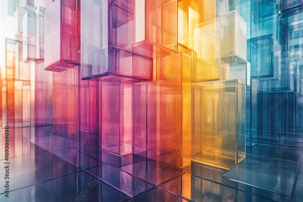 Poster an artistic portrayal of colorful transparent blocks interlocking in an abstract formation, with sof