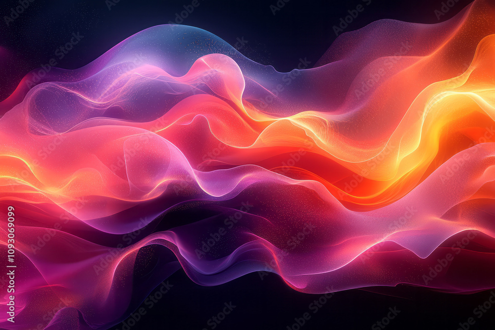 Poster a dynamic stack of smooth gradient shapes in vibrant hues, layered artistically against a deep black