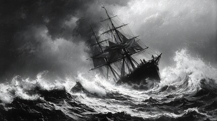 Obraz premium Powerful 19th century warship sailing through a raging storm its hull being battered by towering waves under a dark and ominous sky in a vintage black and white style