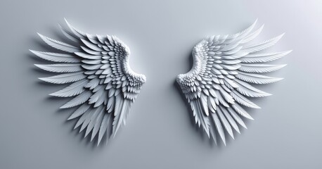 Obraz premium Elegant White Decorative Wings Crafted from Leaves on a Soft Gray Background