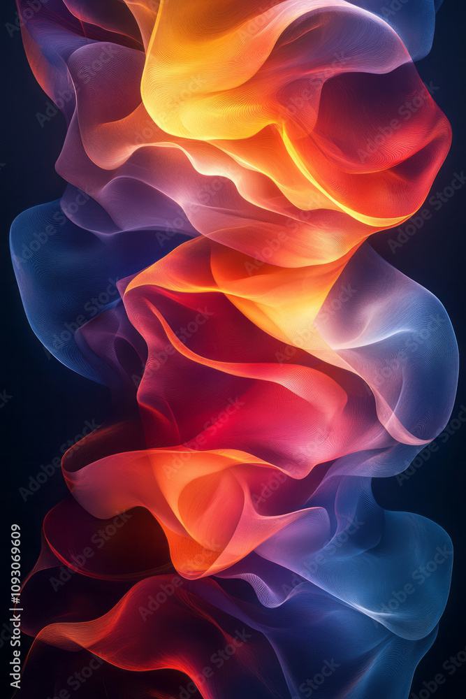 Poster a bold abstract design of stacked, irregular gradient shapes that flow fluidly, illuminated softly o