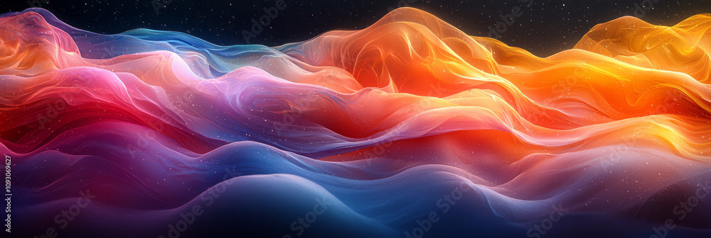 Poster a luminous arrangement of stacked wave-like gradient forms, blending radiant colors smoothly against