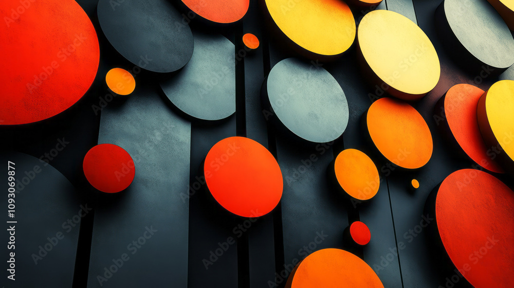 Poster a minimalist pattern of sleek, multicolored cylinders arranged in a symmetrical abstract formation, 