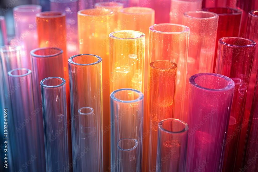 Poster a dynamic arrangement of transparent and opaque colorful cylinders, layered in an abstract formation
