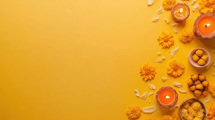 Vibrant Festival Decoration with Yellow Candles, Marigold Flowers, and Decorative Items on a Bright Yellow Background for Celebration and Cultural Events