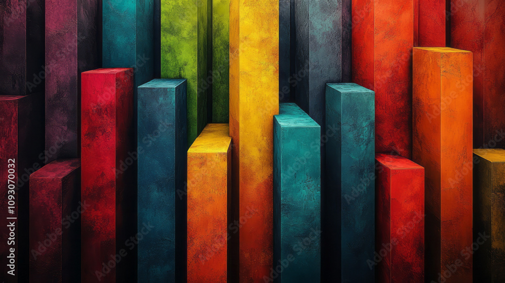 Poster an intricate abstract pattern featuring repeating colorful cylinders arranged in geometric symmetry,