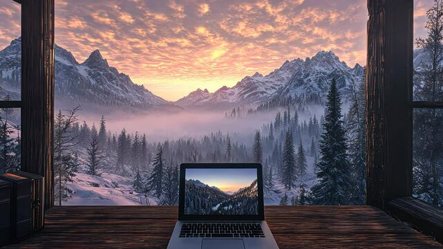 Laptop on wooden desk by window overlooking snowy mountain landscape, showcasing remote work in winter setting. Winter work retreat and mountain view concept, digital nomad lifestyle	
