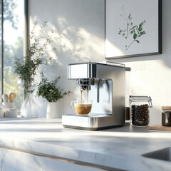 Chrome espresso machine in bright airy kitchen setup.