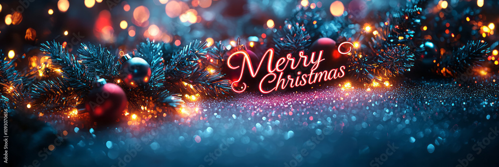 Poster elegant merry christmas text in multicolored script, with a softly blurred background of twinkling f