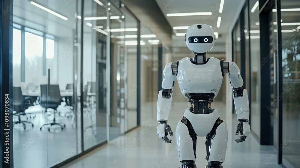 Poster robotic assistant collaborating with a marketer to organize and streamline tasks in a modern minimal