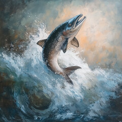 painting of a salmon jumping out the water