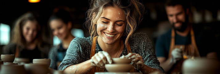 A group of friends enjoying pottery-making in a sunlit workshop, shaping clay on spinning wheels with relaxed smiles,