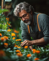 Fototapeta premium A middle-aged man tending to his garden, planting flowers and pruning bushes, with vibrant greenery in the background,