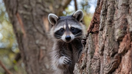 Fototapeta premium Curious Raccoon Peeking Behind Tree in Woodland Setting