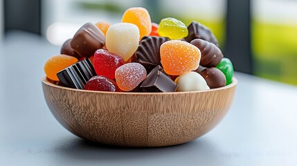 A vibrant assortment of assorted candies, jellies, and chocolates fill a wooden bowl, creating a visually enticing display of sugary delights.
