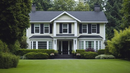 Fototapeta premium A charming two-story house surrounded by lush greenery and a well-maintained lawn.