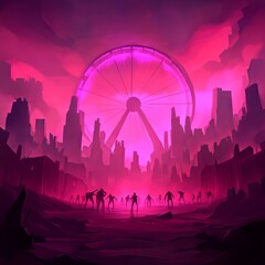 Naklejka premium Post-apocalyptic city skyline with a giant pink Ferris wheel and zombies.