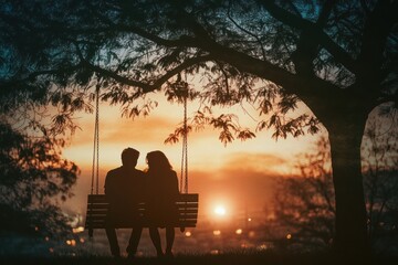 Silhouette Couple Sitting On Swing At Sunset