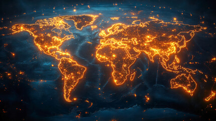 A glowing digital world map with vibrant orange outlines highlighting continents, symbolizing global connectivity and technology