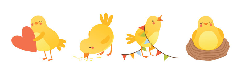 Funny Yellow Chicken Engaged in Different Activity Vector Set