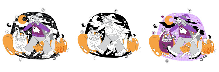 Vector illustration on the theme of Halloween in flat and doodle style. People celebrating Halloween. Witch with a broom and pumpkins.