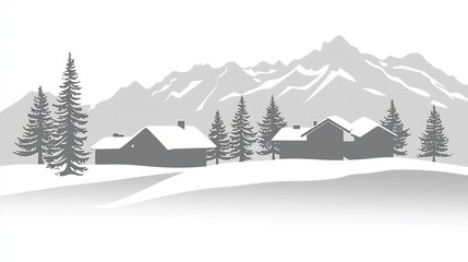 Serene and Minimalist of a Swiss Winter Landscape Featuring Snow Covered Homes Pine Trees and Majestic Mountain Peaks in the Background