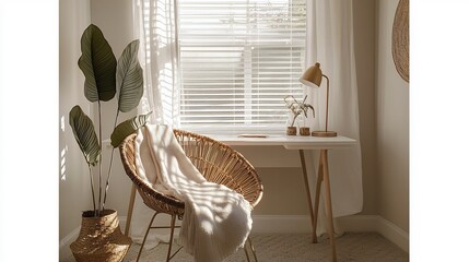Serene and Stylish Office Corner Featuring a White Desk Cozy Chair with Throw Blanket and Desk Lamp   Ideal for Productive and Relaxing Work Environment