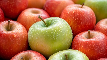 The closeup photograph showcases a stunning array of ripe red and green apples meticulously arranged in a visually appealing pattern, highlighting the rich colors and textures of the fruit.